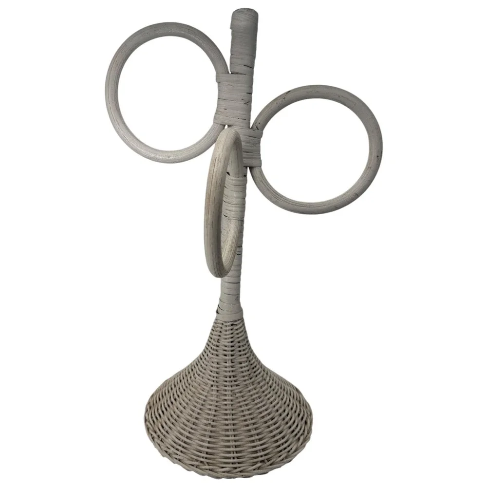 Vintage White Wicker Towel Holder 3-Ring Rack Shabby Chic Coastal Cottagecore